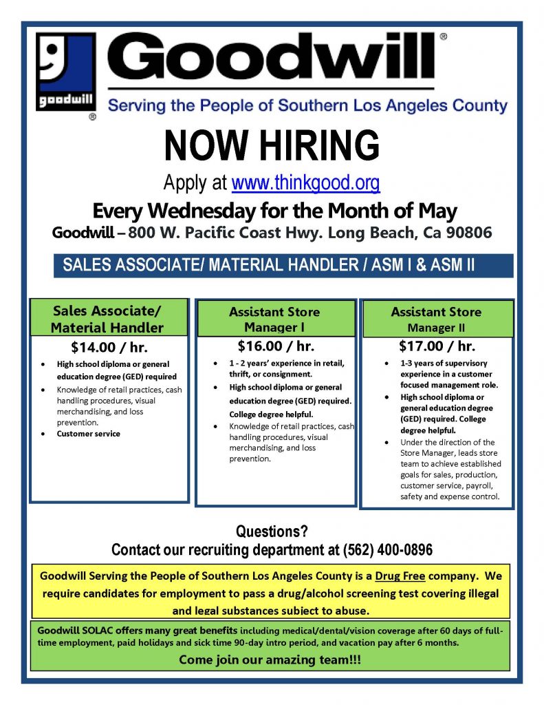 May Hiring Event Every Wednesday Goodwill SOLAC